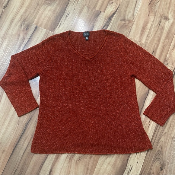 Eileen Fisher Sweaters - Eileen Fisher Rust Orange Slub Knit V-Neck Pullover Sweater - Relaxed Fit Sz M